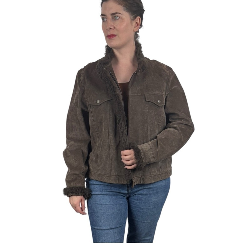 Y2K CROPPED SUEDE LEATHER FAUX FUR TRIM CHOCOLATE BROWN JACKET COLDWATER CREEK